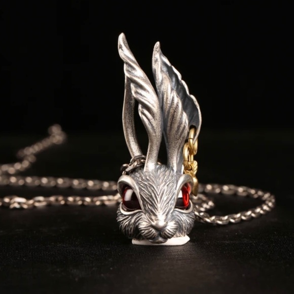 Punk Rock Rabbit- Bunny Hare Red Garnet Eyes Pierced Ears Animal Silver Necklace - Picture 8 of 16
